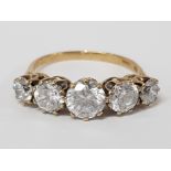 9CT YELLOW GOLD FIVE STONE CUBIC ZIRCONIA RING, 4.6G SIZE T