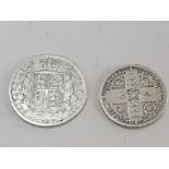 2 COINS 1849 FLORIN GODLESS WW NEAR RIM AND 1885 HALF CROWN