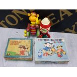 OLD WOODEN MONKEY TOY AND MAGNETIC ROCKET PLUS BOXED PICTURE BUILDING BRICKS AND TIDDLEY WINKS