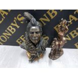 TWO RESIN SCULPTURES DEPICTING A BUST OF A NATIVE AMERICAN BY ACADEMY 41CM HIGH AND A HORSE AND