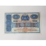THE BRITISH LINEN BANK 1933 20 POUNDS BANKNOTE, LAST DATE AND PREFIX PICK 154 GOOD VF, VERY SCARCE