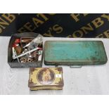 MIXED TOOLS INCLUDING RATCHET SET AND VINTAGE BISCUIT TIN BOX