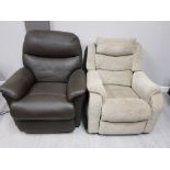 TWO ELECTRIC RECLINERS ONE IN BROWN LEATHER THE OTHER BEIGE FABRIC