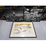 VINTAGE WATERCOLOUR OF PHEASANTS D-1968 AND 2 BLOCK PICTURES OF AMERICAN SCENES