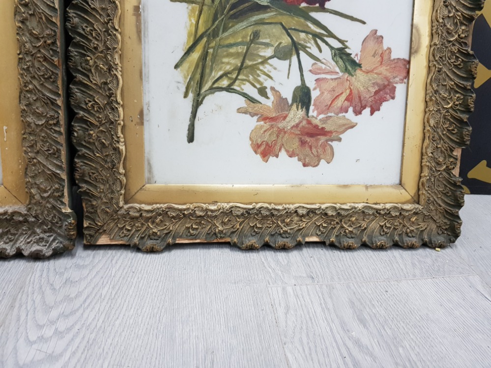 TWO HANDPAINTED PICTURES OF FLOWERS ON GLASS SIGNED L E RICHARD DATED 09 LARGEST MEASURES 64 X 29CM - Image 4 of 4