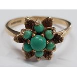 9CT GOLD 7 STONE TURQUOISE CLUSTER RING, 3.2G SIZE P