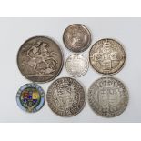 SELECTION OF 7 DIFFERENT SILVER COINS FROM CROWNS TO SIXPENCE