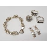 3 SILVER RINGS, 1 SILVER BRACELET AND 1 PAIR OF EARRINGS