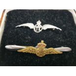 STERLING SILVER RAF SWEETHEART BROOCH TOGETHER WITH ANOTHER IN BRASS OVERLAID ONTO A WHITE