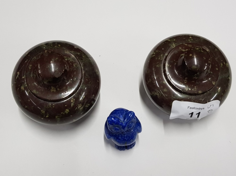 PAIR OF ANTIQUE SERPENTINE TURNED AND POLISHED COVERED POTS TOGETHER WITH CONTEMPORARY HAND CARVED - Image 2 of 3