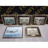 4 FRAMED LS LOWRY PRINTS AND 1 PRINT OF MOSQUITO AIRPLANE
