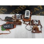 FIVE VINTAGE CAMERAS A KODAK DUAFLEX II TWO RUSSIAN AND TWO BELLOWS