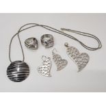 2 SILVER RINGS, 1 SILVER SET PENDANT AND MATCHING EARRINGS AND 1 SILVER NECKLACE WITH PENDANT 60.