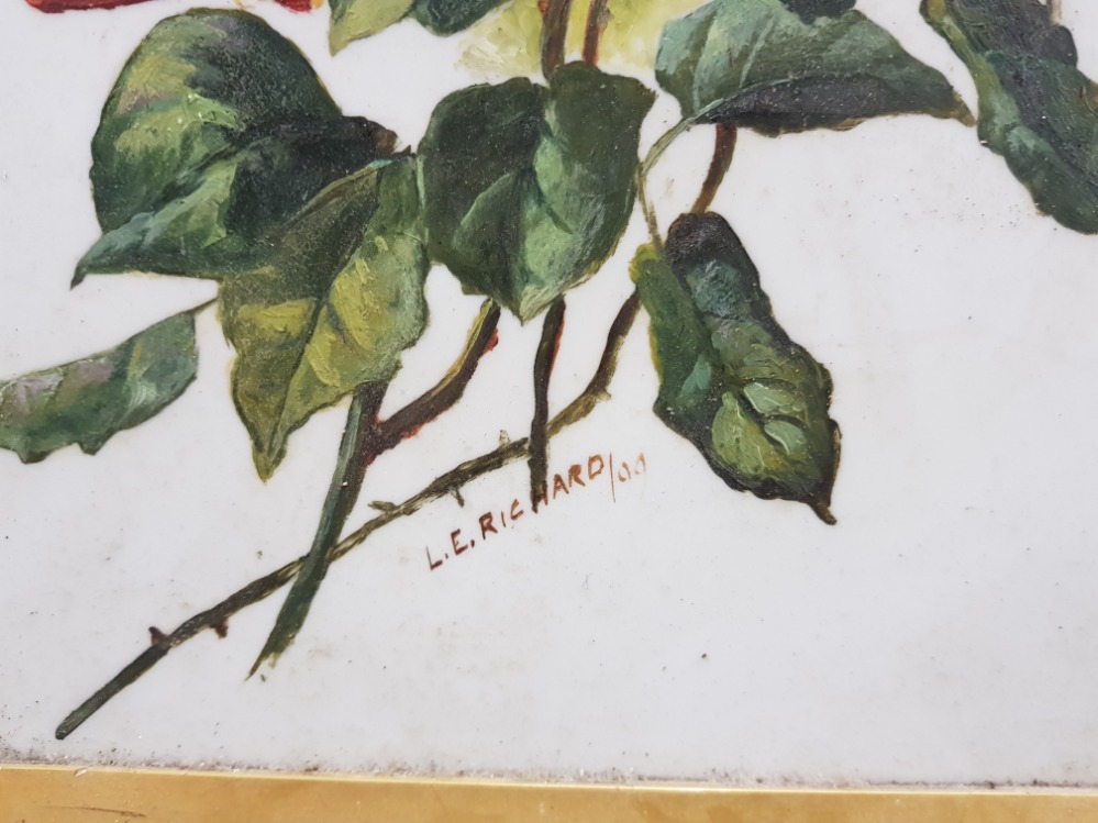 TWO HANDPAINTED PICTURES OF FLOWERS ON GLASS SIGNED L E RICHARD DATED 09 LARGEST MEASURES 64 X 29CM - Image 2 of 4