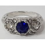 BLUE WHITE 3 STONE ART DECO STYLE RING, SIZE L, 4.17G GROSS