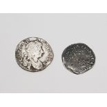 CHARLES 1 HALF GROAT TOWER MINT COIN 1634-1635 TOGETHER WITH CHARLES II MAUNDRY 4D COIN