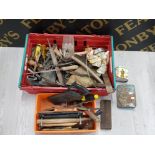 VINTAGE TOOLS INCLUDING HAMMERS, SAWS AND TIN BOXES ETC