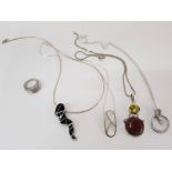 1 SILVER NECKLACE WITH MOOKAITE CITRINE PENDANT, ONE SILVER HARD NECKLACE WITH BLACK PENDANT, 1