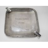 A STERLING 925 SILVER SQUARE SHAPED ASH TRAY INSCRIBED 16.5CM WIDE 309G