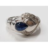 9CT WHITE GOLD SAPPHIRE AND DIAMOND ORNATE HEART CLUSTER RING COMPRISING OF A TEARDROP SHAPE