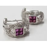 18CT WHITE GOLD SYNTHETIC PINK STONE AND DIAMOND EARRINGS, COMPRISING OF A 4 SQUARE SHAPE PINK STONE