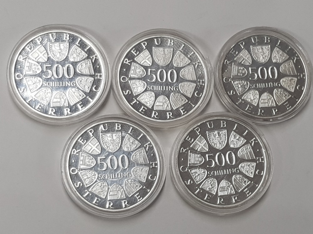 A TOTAL OF 5 AUSTRIAN SILVER PROOF 500 SCHILLING COINS, 2 DATED 1984 PLUS 2 X 1985 AND 1 X 1986 - Image 2 of 3