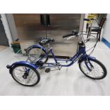 A KENTEX THREE WHEELER BIKE IN BLUE WITH SHIMANO BREAKS AND TROLLEY