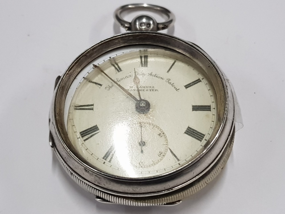 H SAMUEL MANCHESTER THE CLIMAX TRIP ACTION PATENT SILVER CASED POCKETWATCH ENAMEL ROMAN DIAL