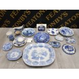 COLLECTION OF BLUE AND WHITE POTTERY INCLUDING RINGTONS AND SPODE