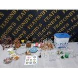 CUT GLASS DRINKING GLASSES, ENAMEL BREAD BIN, WINE HOLDERS, MINIATURE WHISKEY AND BRANDY AND COFFEE