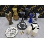 WEDGWOOD BASALT VASES, ART NOUVEAU VASES AND ALABASTER HAND CARVED BOOKENDS