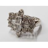 LADIES 18CT WHITE GOLD DIAMOND SET AEROPLANE CLUSTER RING COMPRISING OF BAGUETTE AND ROUND BRILLIANT