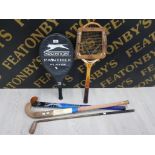 A VINTAGE DUNLOP MAXPLY TENNIS RACKET A SLAZENGER TENNIS RACKET TWO HOCKEY STICKS AND A HICKORY