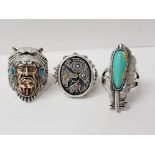3 HEAVY SILVER METAL RINGS, NATIVE AMERICAN, LATHAM WATCH AND TURQUOISE LEAF DESIGNS, SIZES L N P,