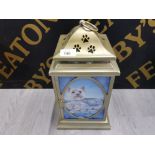 A MODERN LANTERN WITH YORKSHIRE TERRIER PANELS AND PAW PRINT PIERCED DECORATION 35CM HIGH
