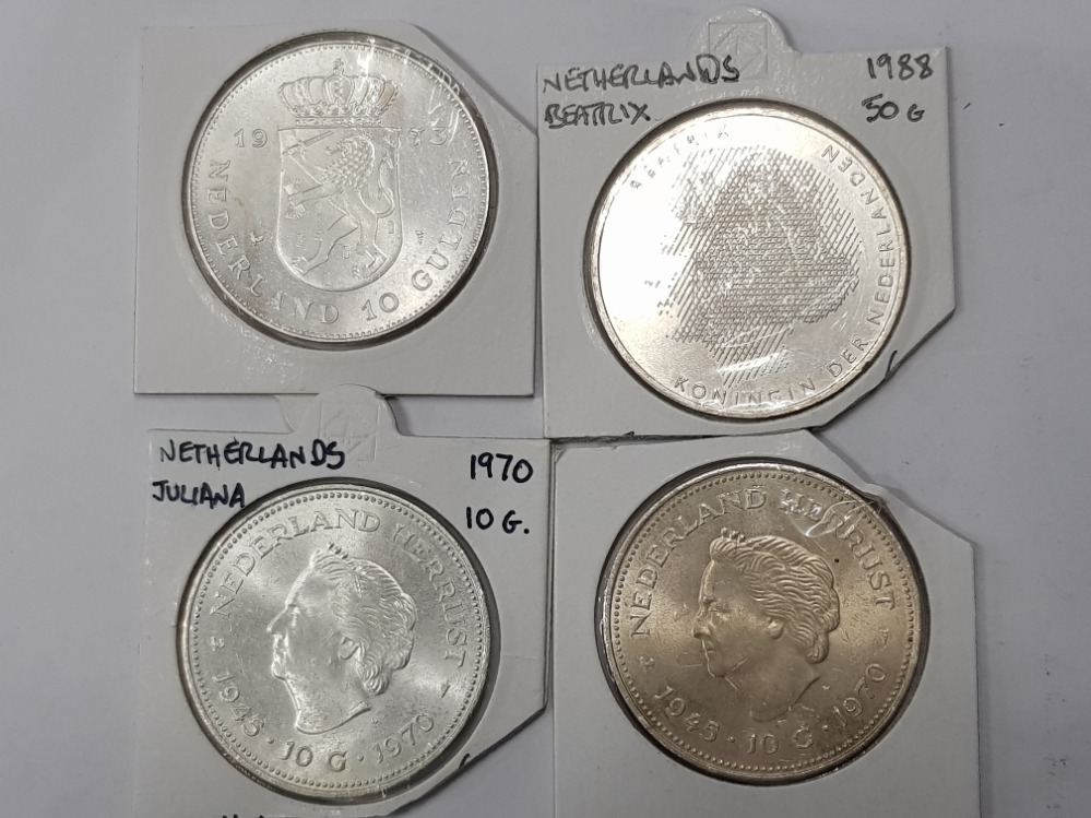 4 DUTCH SILVER PROOF COINS INCLUDES 1970 10G, 2X 1973 10G AND 1988 50G COIN