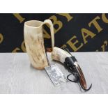 TWO HORN TANKARDS ONE BY ABBEYHORN THE OTHER IN LEATHER HOLSTER
