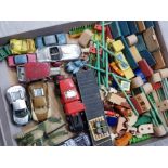 TRAY OF VINTAGE WOODEN BLOCK HOUSES AND DIE CAST VEHICLES INCLUDES S CORGI ETC