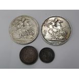 TWO QUEEN VICOTORIA SILVER COINS INCLUDES 1889 AND 1900 CROWN PLUS 1887 SHILLING ETC