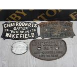 4 CAST IRON RAILWAY WAGON PLATES, INCLUDES WAKEFIELD 1955 CHAS ROBERTS