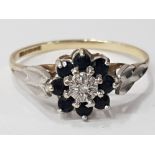 A 9CT YELLOW GOLD SAPPHIRE AND DIAMOND CLUSTER RING, SIZE S 1.5G GROSS