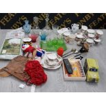 MIX LOT OF CHINA AND GLASSWARE INCLUDES COLCOUGH CHINA WARE, CRYSTAL GLASS DECANTER, LIME GREEN
