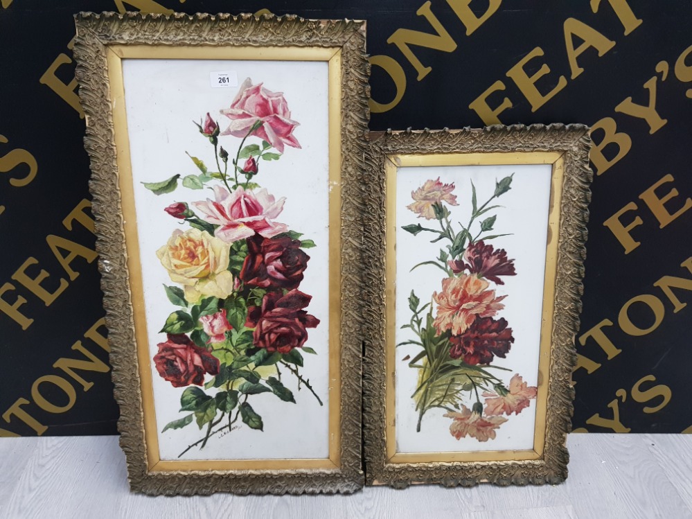 TWO HANDPAINTED PICTURES OF FLOWERS ON GLASS SIGNED L E RICHARD DATED 09 LARGEST MEASURES 64 X 29CM