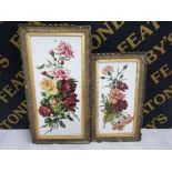 TWO HANDPAINTED PICTURES OF FLOWERS ON GLASS SIGNED L E RICHARD DATED 09 LARGEST MEASURES 64 X 29CM
