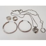 2 SILVER RINGS, 1 PAIR OF SILVER EARRINGS, 1 SILVER NECKLACE AND ANOTHER SILVER NECKLACE WITH