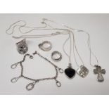 3 SILVER RINGS, 3 SILVER NECKLACES WITH PENDANTS AND ONE SILVER BRACELET 74.2G GROSS