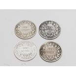 4 VICTORIAN SIX PENCE PIECES WITH DATES SUCH AS 1872 1873 1875 AND 1877