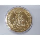 UK 10 OUNCE GOLD PLATED BRITANNIA AND DRAGON MEDALLION ISSUED BY THE LONDON MINT IN CASE OF ISSUE