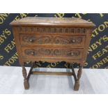 A MID 20TH CENTURY CARVED OAK SIDE CABINET WITH TWO DRAWERS 63.5 X 73 X 42