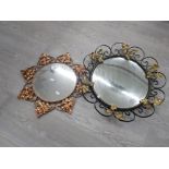 A COPPER EFFECT MIRROR WITH FLORAL DESIGN PLUS ONE OTHER MIRROR